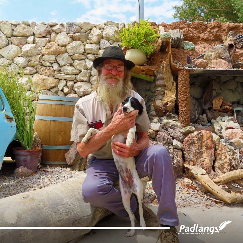 Basil Calitz, owner of the Brandberg Rest Camp, with his dog